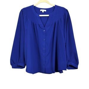 Daily Thread Womens Plus 2X Blue V-neck 3/4 Balloon Sleeves Top Shirt Blouse